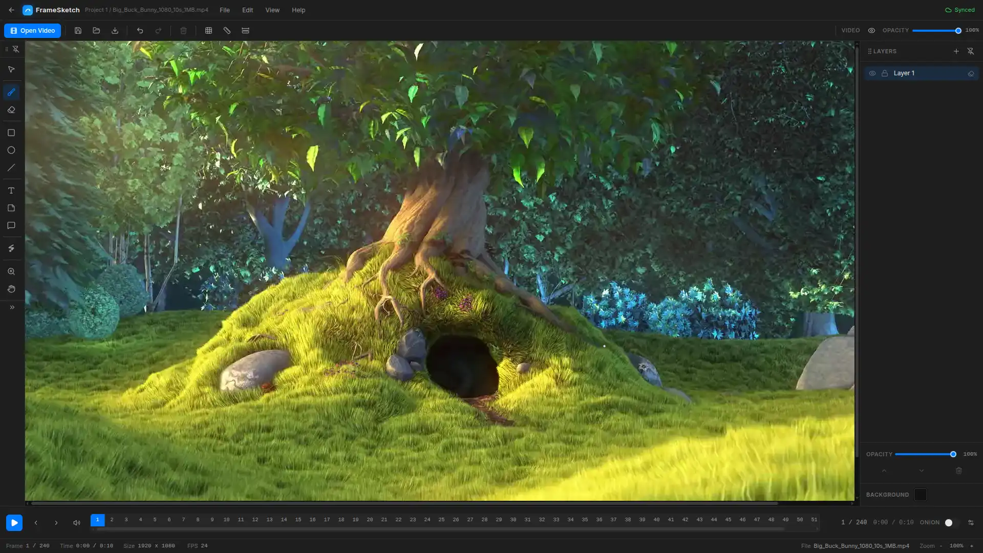 The FrameSketch editor with a video loaded and annotations drawn over the frame